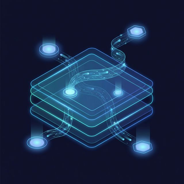 Layered API architecture with glowing endpoints