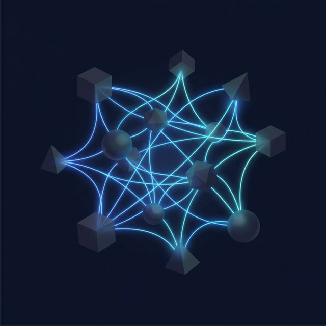 Geometric shapes connected by glowing network lines